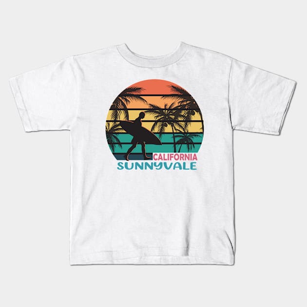 Sunnyvale California CA Palm Tree Surfboard Surfer Kids T-Shirt by kalponik